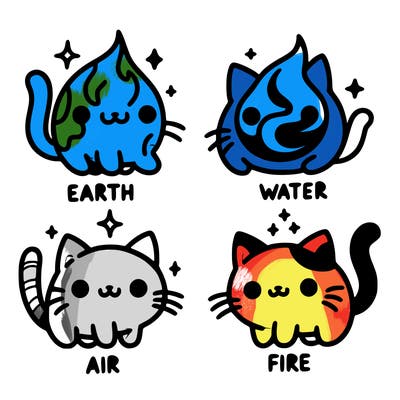 4 cats that represent the different elements, earth, water, air, and fire
