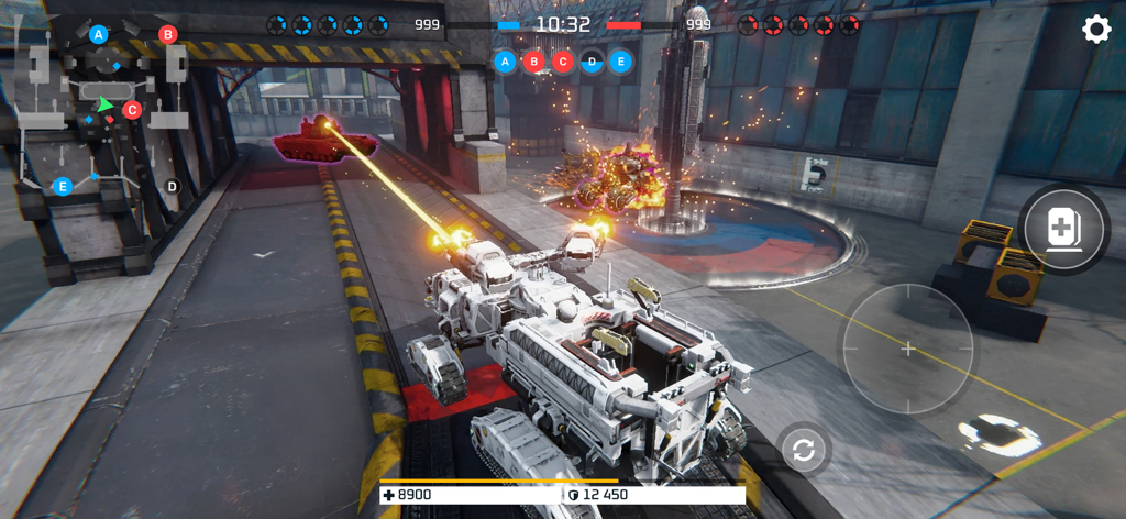 Armor Attack: Robot & Mecha - A white futuristic tank firing a yellow laser at an enemy vehicle in an industrial urban setting