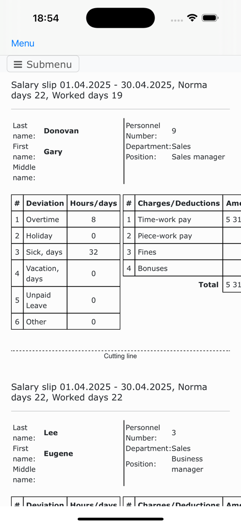 Nano Employee Timesheet - Example of employee salary slips generated in the Nano Employee Timesheet app showing hours worked and deviations