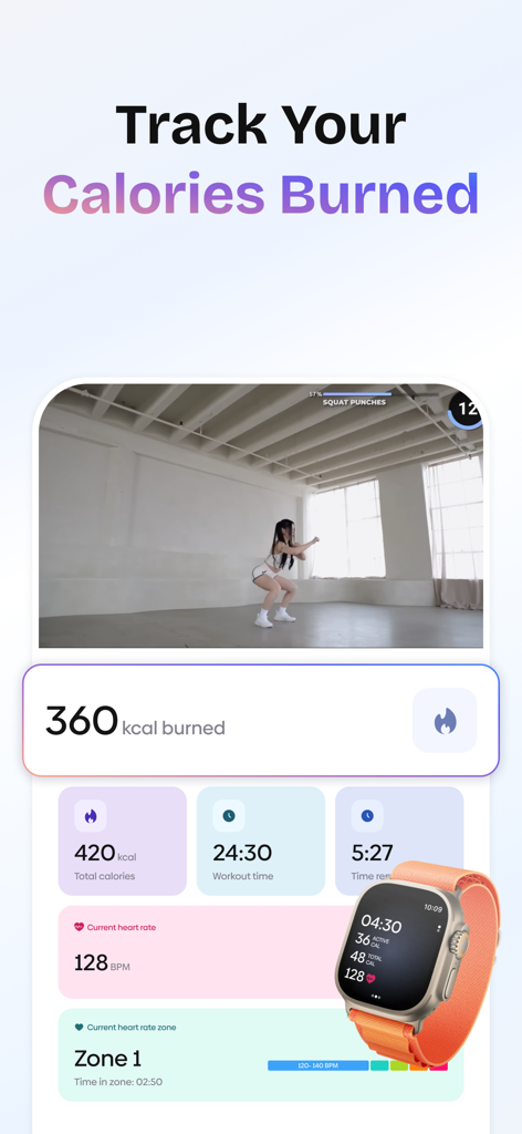 Core: Fitness & Nutrition - Core fitness app dashboard displaying calories burned and heart rate stats integrated with an Apple Watch.