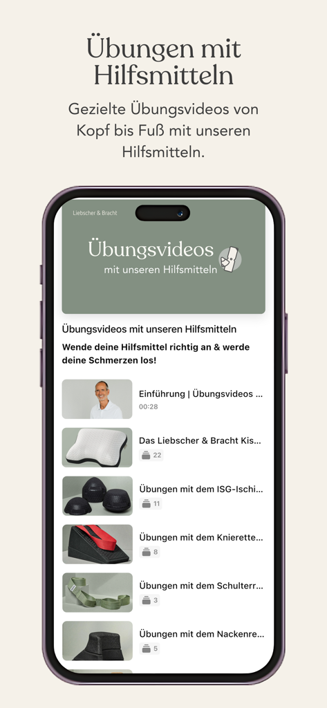 Liebscher and Bracht 앱 화면은 베개 및 스트레칭 도구와 같은 다양한 물리 치료 보조 도구를 사용하는 운동 비디오 메뉴를 보여줍니다.