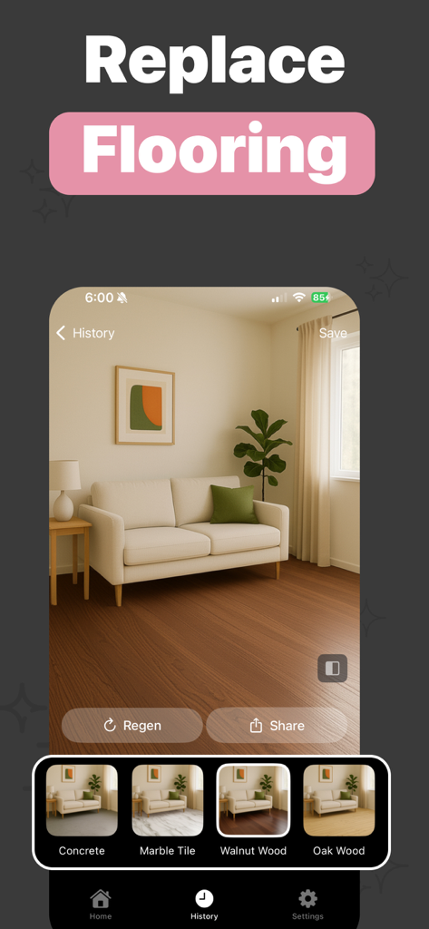 AI home design app interface showing options to replace flooring with concrete, marble tile, walnut wood, and oak wood in a living room