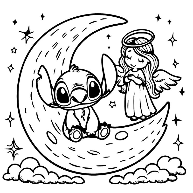 stitch and angel on moon