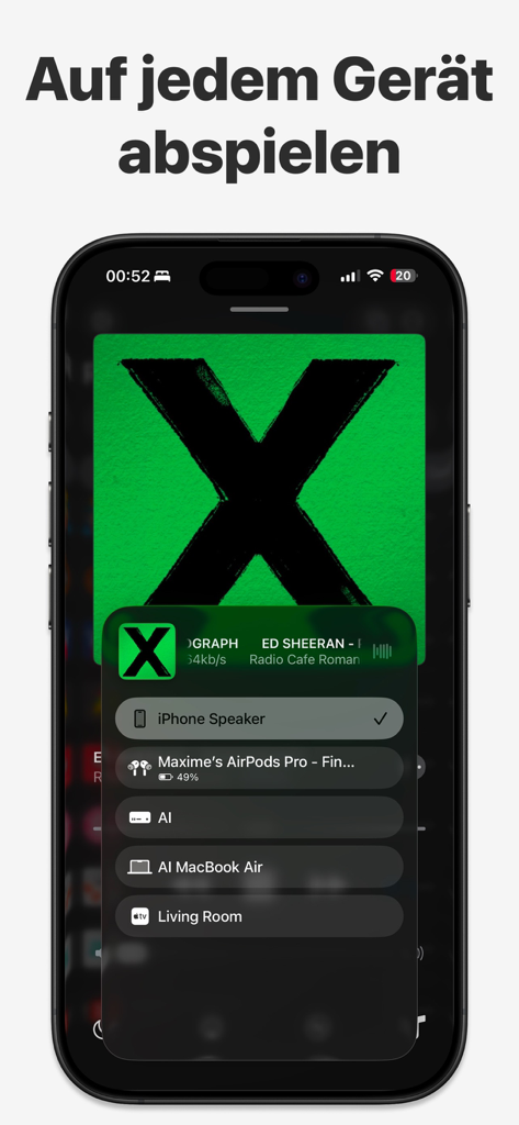 Radio Austria Online - AirPlay device selection menu in Radio Austria Online app showing options for iPhone, AirPods, and Apple TV.