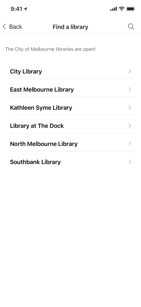 A list of Melbourne library branches including City Library and North Melbourne Library within the mobile app.