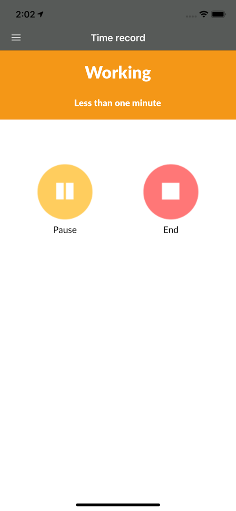 Bixpe Worktime Tracking - Interfaz de la aplicación Bixpe que muestra una sesión activa de rastreo de tiempo con botones de pausa y fin.