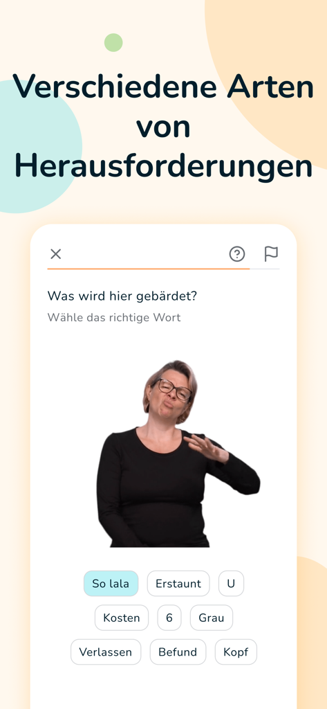독일 수어를 배우기 위한 객관식 선택지가 있는 사람의 수화 시연을 보여주는 yoDGS 앱의 퀴즈 화면