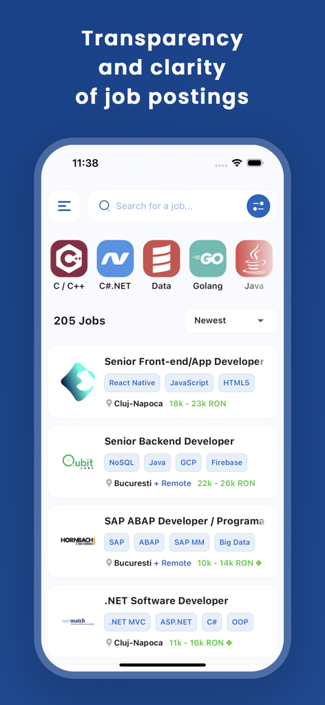 DevJob.ro - DevJob.ro app interface showing a list of IT job openings in Romania with transparent salary ranges and tech stack icons.