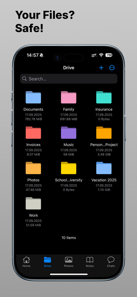 Filen - Cloud Storage - Filen app interface on an iPhone displaying organized cloud storage folders in dark mode