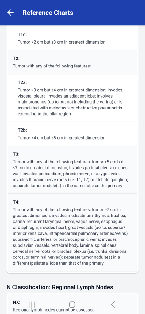 Un gráfico de referencia clínica que muestra los criterios de clasificación T y N para la estadificación del cáncer de pulmón basados en las directrices de la versión 9.