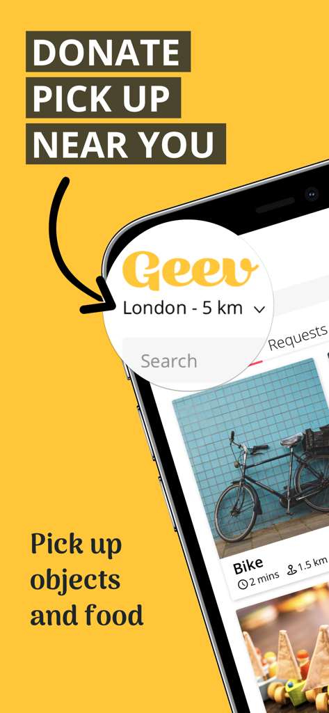 Geev le réflexe anti-gaspi - Geev mobile app interface showing options to donate and pick up objects and food within a local radius