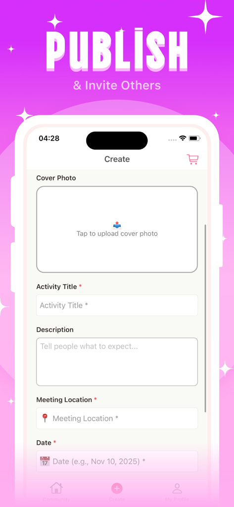Lida - Connect & Share - A screenshot of the Lida app interface for creating and publishing a weekend group activity including fields for title description and location