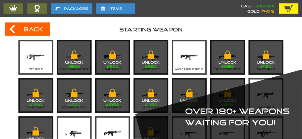 Weapon selection menu with unlockable rifles and carbines in Stick Warfare Blood Strike