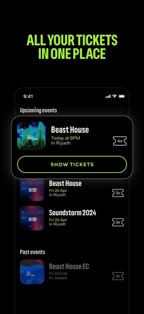 NOFOMO: Saudi Music Events - NOFOMO app screen showing digital tickets for music events in Saudi Arabia.