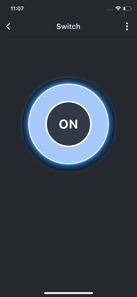 PIXIE PLUS - A mobile interface from the PIXIE PLUS app showing a large circular button set to the ON position for controlling a smart switch.