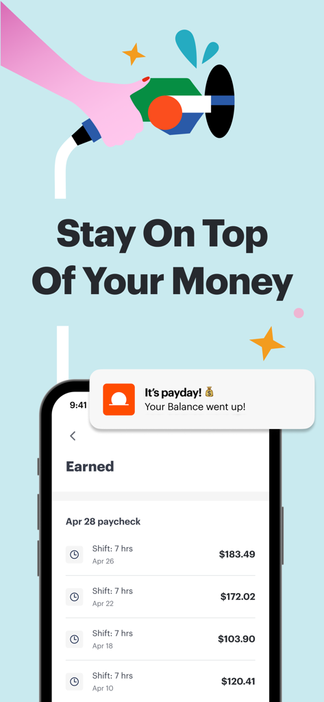 DailyPay mobile app interface showing earned income details from recent work shifts