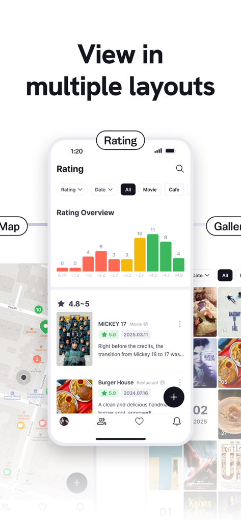 Captura de pantalla de la aplicación repov que muestra diferentes diseños de visualización, que incluyen resumen de calificaciones, mapa y galería.