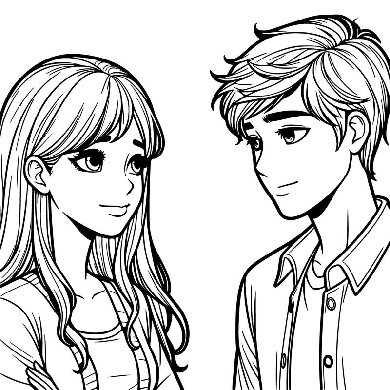 a realistic teen girl and teen boy looking at each other