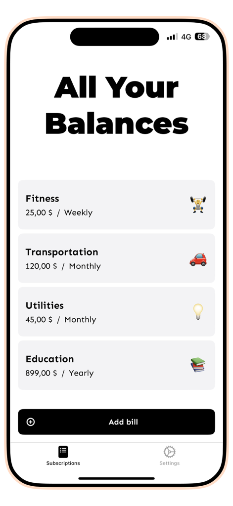 Bill Organizer: Expense Track - Una lista de facturas recurrentes en la aplicación Bill Organizer categorizadas por transporte de fitness y servicios públicos con sus costos y frecuencias
