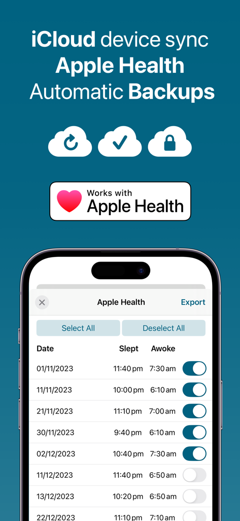 Sleep Tracker CPAP Feeltracker - Feeltracker ST app interface showing Apple Health integration and iCloud device sync features