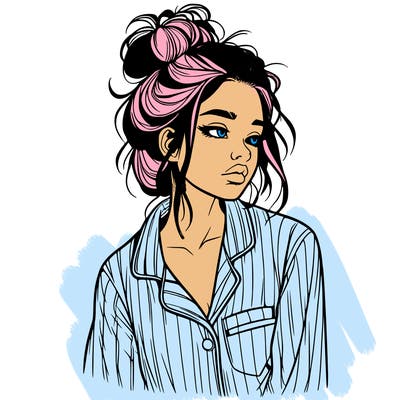 realistic woman with pajamas on and a messy bun