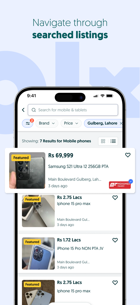 OLX Pakistan – Online Shopping - OLX Pakistan app interface showing search results for mobile phones in Lahore