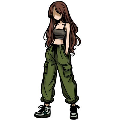 girl in baggy pants crop top and long hair