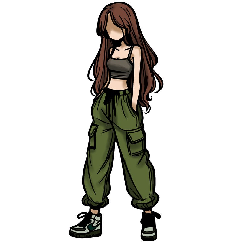 girl in baggy pants crop top and long hair