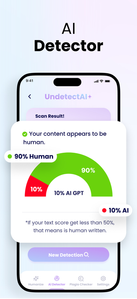 AI Text Humanizer : UndetectAI - AI detector screen showing a ninety percent human scan result in the UndetectAI app