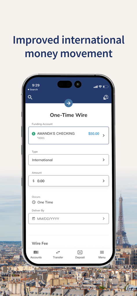 SDFCU Digital Banking - SDFCU mobile app interface showing an international one-time wire transfer form with the Eiffel Tower in the background