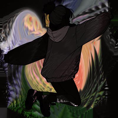 realistic girl jumping with a bun and oversized sweatshirt