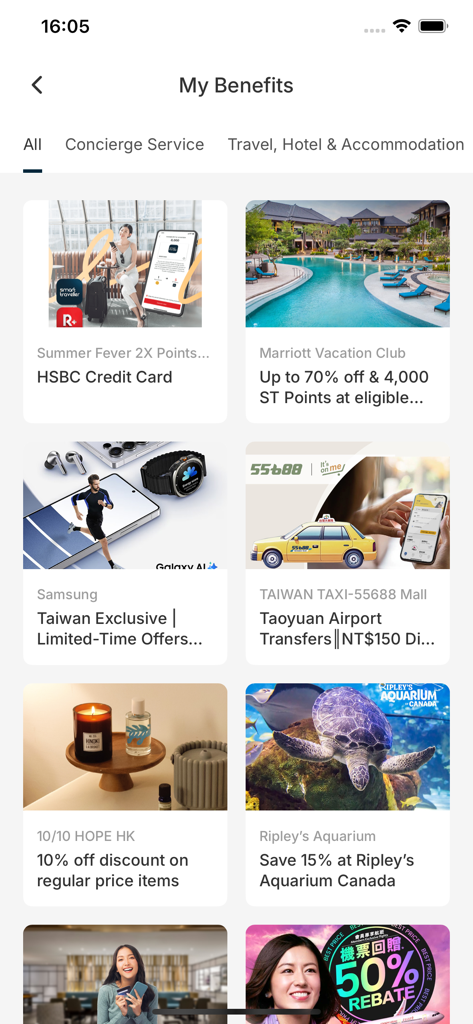Mobile app interface of Smart Traveller showing a list of member benefits and rewards including travel discounts and credit card points