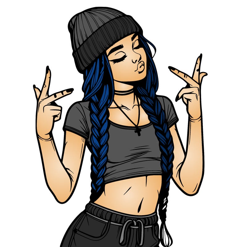 realistic teenage girl with braids and a beanie and crop top doing 🫶🏼