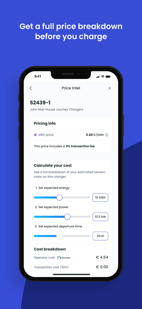 Tap Electric app screen showing EV charging price breakdown and cost calculator