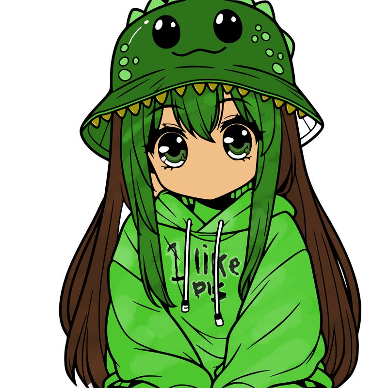 girl with anime shaped eyes with a dinosaur bucket hat oversized sweatshirt long straight hair