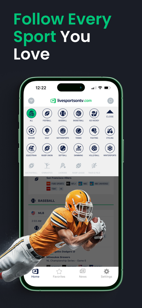 Livesportsontv.com: TV Guide - Pantalla de la aplicación Livesportsontv que muestra varios iconos deportivos como fútbol, béisbol y fútbol