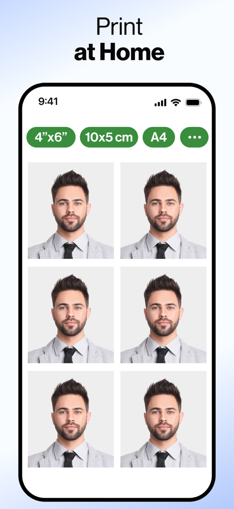 A smartphone screen displaying six passport photos arranged on a grid for easy home printing.