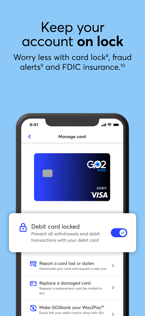 GO2bank mobile app interface showing the debit card lock feature to prevent unauthorized transactions.