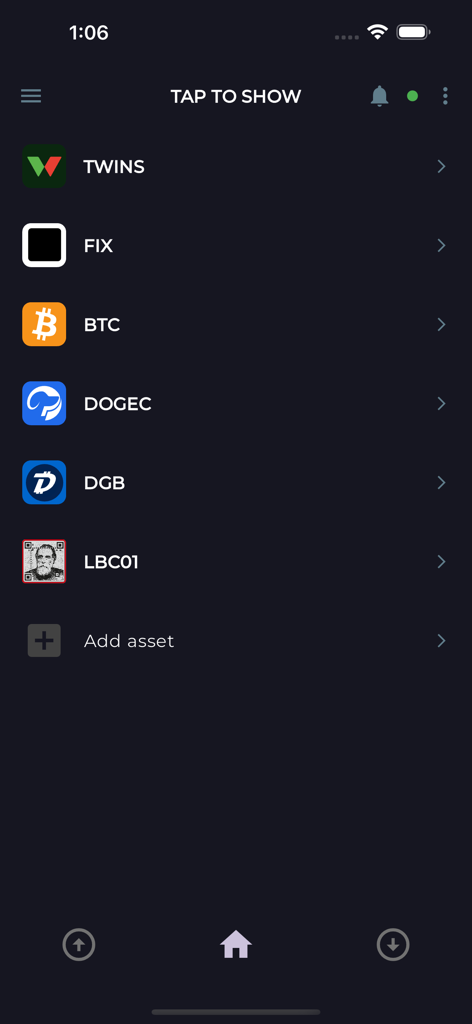 wallet.app - Mobile screen of wallet.app showing a list of cryptocurrency assets including Bitcoin and DOGEC