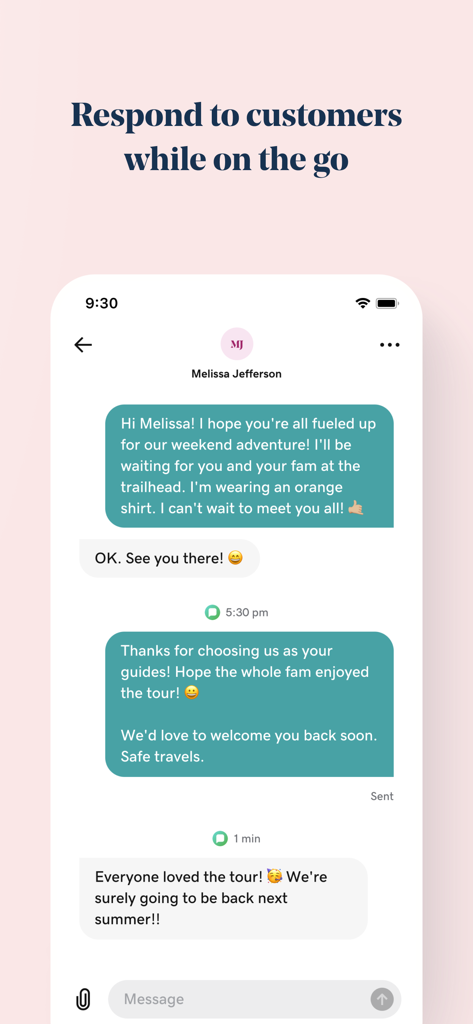GoDaddy Conversations app interface showing a business chat with a customer