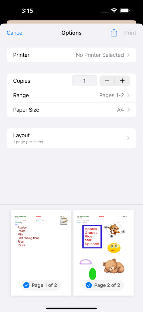 NotePad-Pro - Print options screen in NotePad-Pro showing a preview of pages with text and stickers.