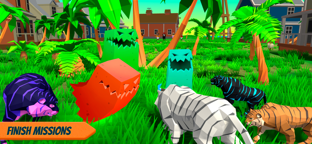 A group of tigers with custom skins facing off against colorful monsters in an open world environment