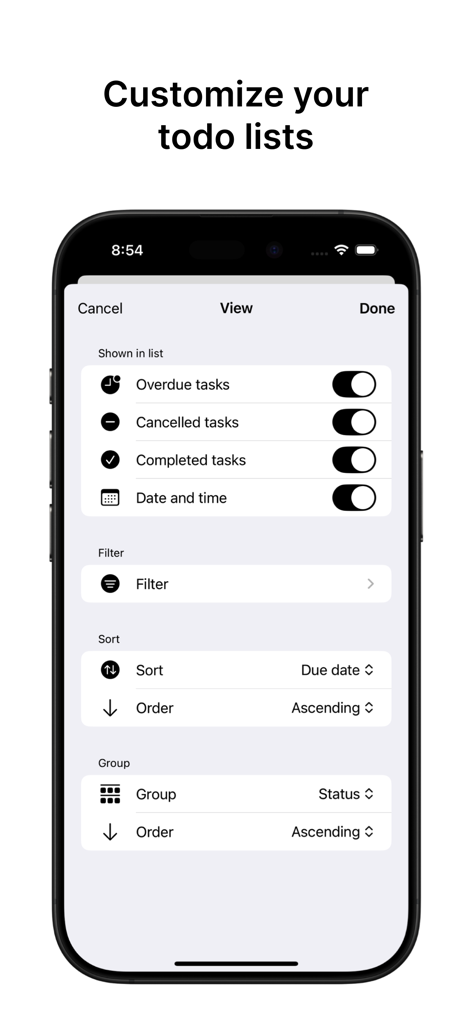 iPhone interface showing view settings to customize todo lists in the SyncTasks app