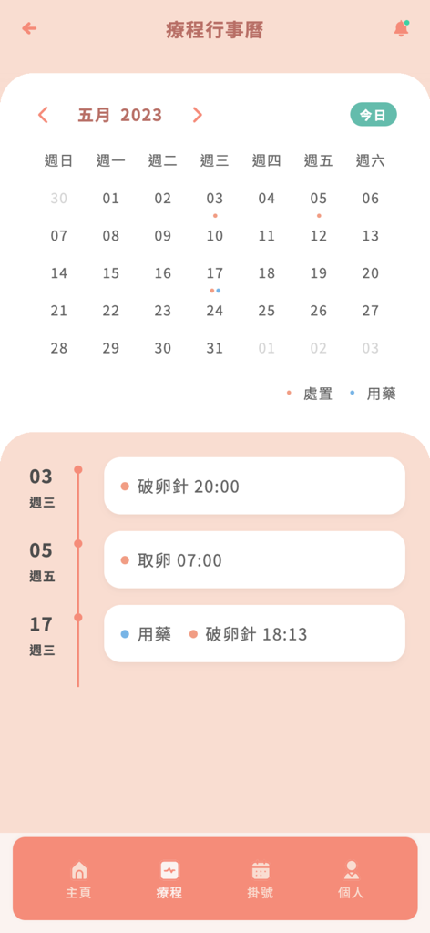 佑昇生殖中心 - Oberfläche der Upward Fertility Clinic App, die einen monatlichen Behandlungsplan mit Erinnerungen an Medikamente und Verfahren anzeigt