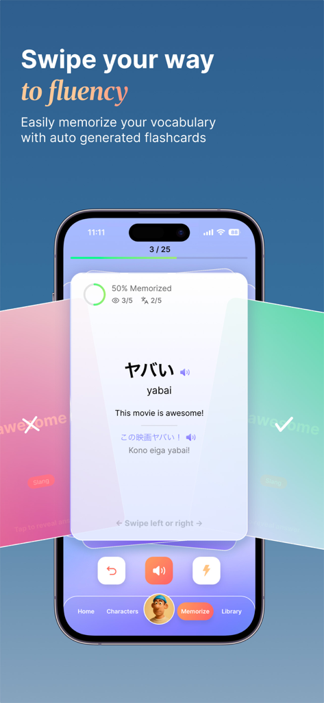 Modalità Memoria dell'app Mad Fluent che mostra una flashcard giapponese con un'interfaccia di scorrimento per la ripetizione attiva.