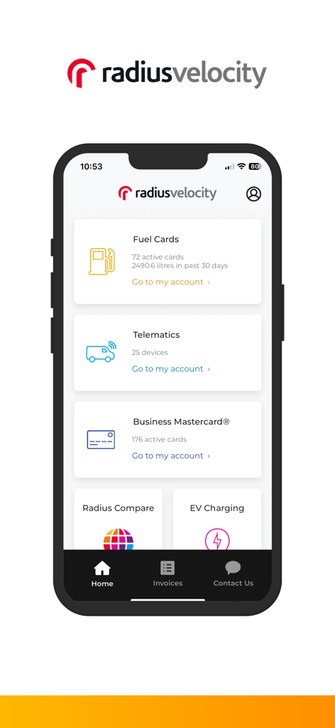 Radius Velocity app dashboard displaying fuel cards and telematics modules