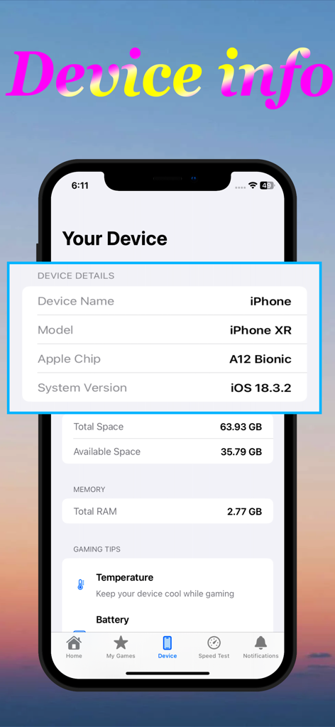 GFX Tool app screen showing iPhone XR hardware details including chip and system version for gaming optimization