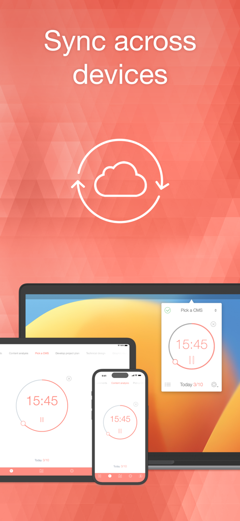 Be Focused Pro - Focus Timer - L'application Be Focused Pro affiche des minuteurs synchronisés sur les appareils iPhone, iPad et Mac.