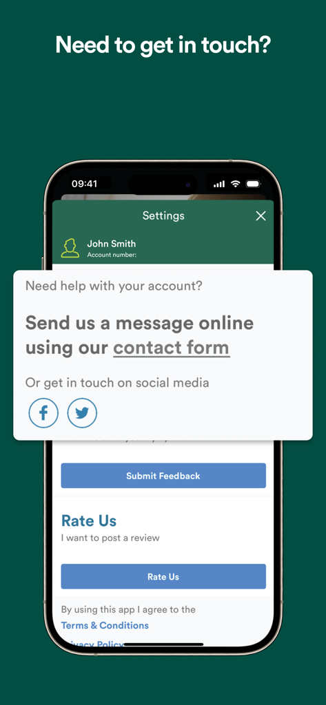 United Utilities: Your Water - Contact support screen in the United Utilities water management app showing a message form and social media links.