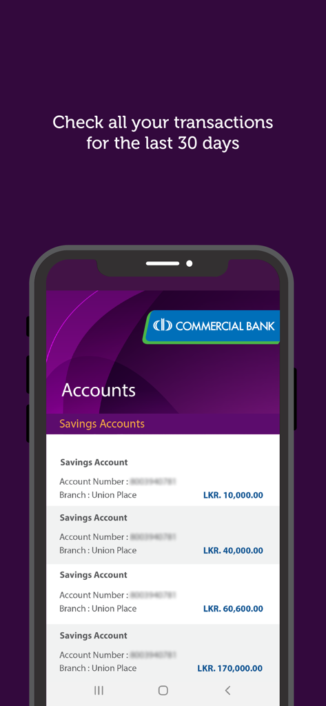 Interface of the ComBank ePassbook app displaying a list of savings accounts with their respective balances in LKR and branch locations.